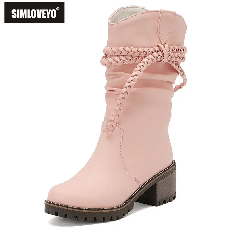 

SIMLOVEYO Новые розовые женские сапоги до середины икры с круглым носком 6 см на массивном каблуке без шнуровки с узлом-бабочкой размера плюс 41 42 43 Sweet Girls Fall