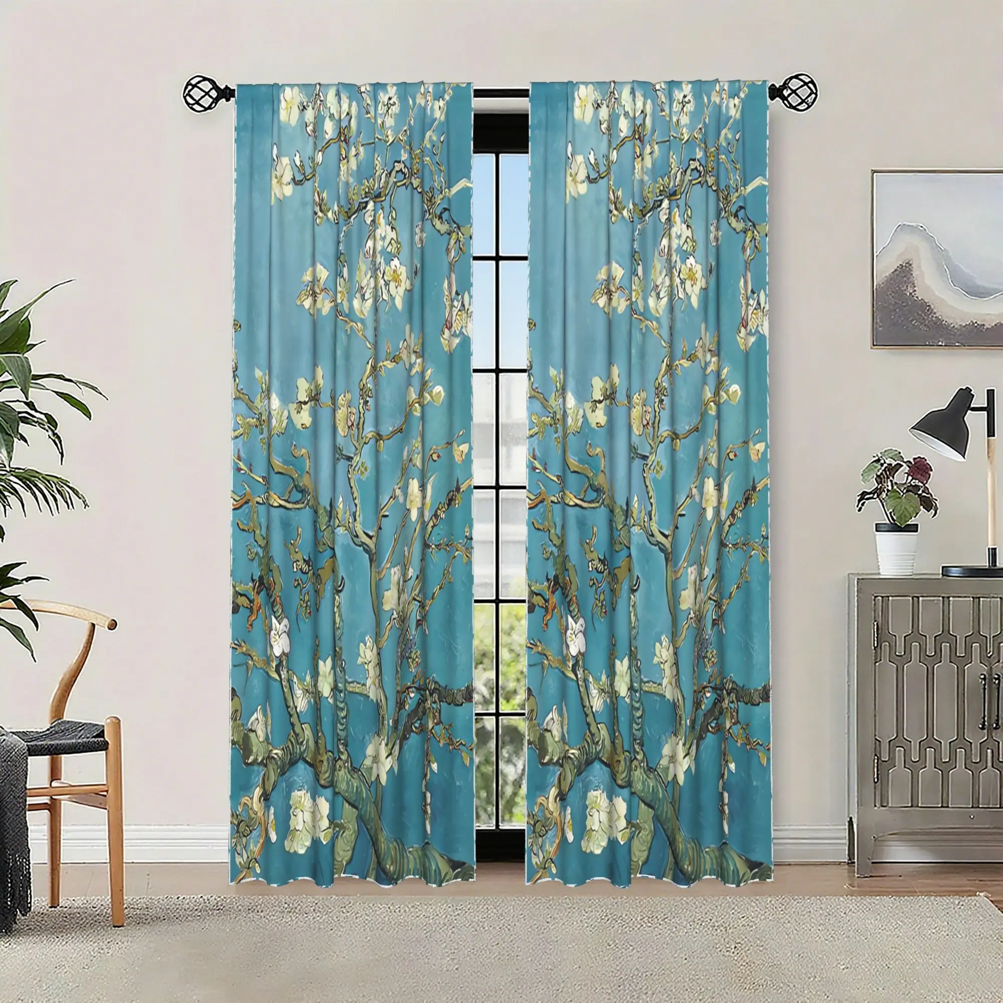 Elegant Teal Background Blossom Tree Curtains Pair for Living Room Bedroom Window Panels Spring Decor Nature Print