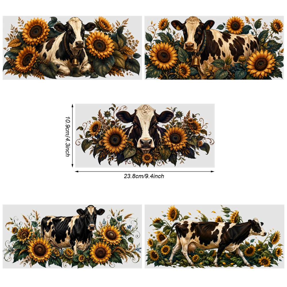 5 Sheets Cow Sunflower Pattern UV DTF Stickers UV DTF Transfer Stickers for Glass Cups DIY Water Bottle Glass Cups Decoration