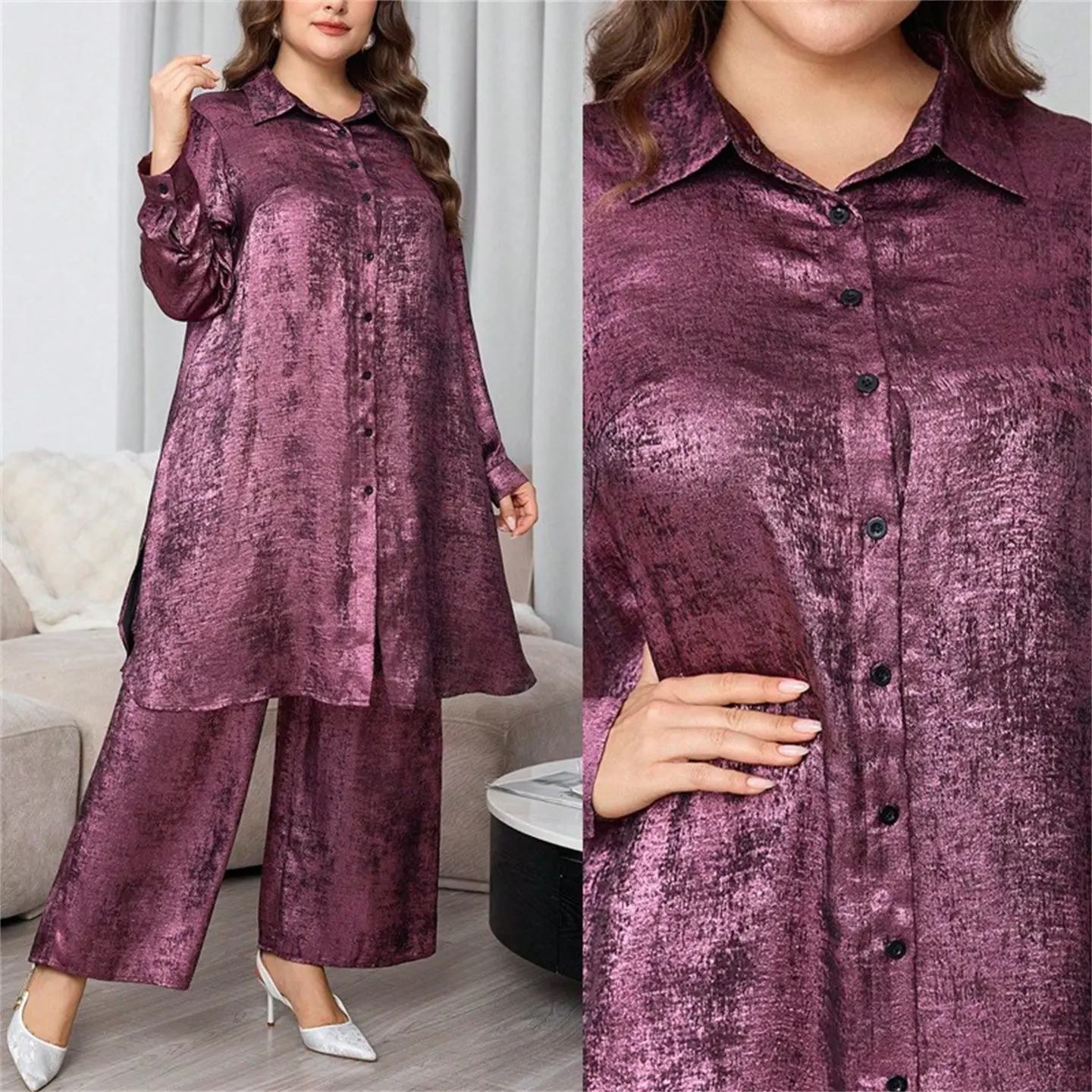 plus Size Casual Shirt And Wide Leg Pants Women Two Piece Set High Waist Long Pants Button up mid Length Shirt Fashionable Ou...