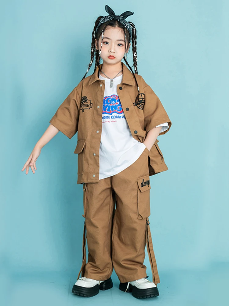 Girls Jazz Costume Short Sleeves Brown Hip Hop Suit Boys Teenagers Stage Performance Outfit Modern Hip Hop Dance Clothes