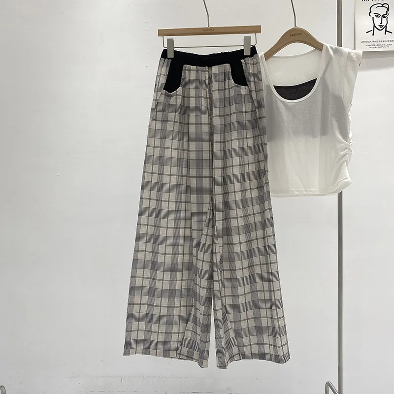 Checkered color casual pants for women 2024 autumn winter new Korean high waist loose wide leg pants