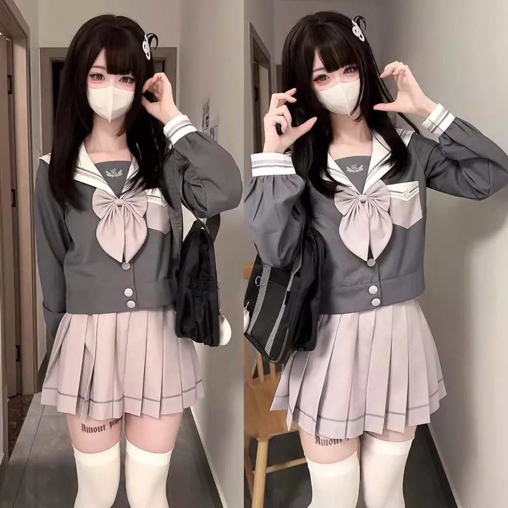 일본 회색 선원 복장 긴 소매 JK 스커트 여성 고등학교 제복 학생 Seifuku 소녀 선원 복장 한국 제복