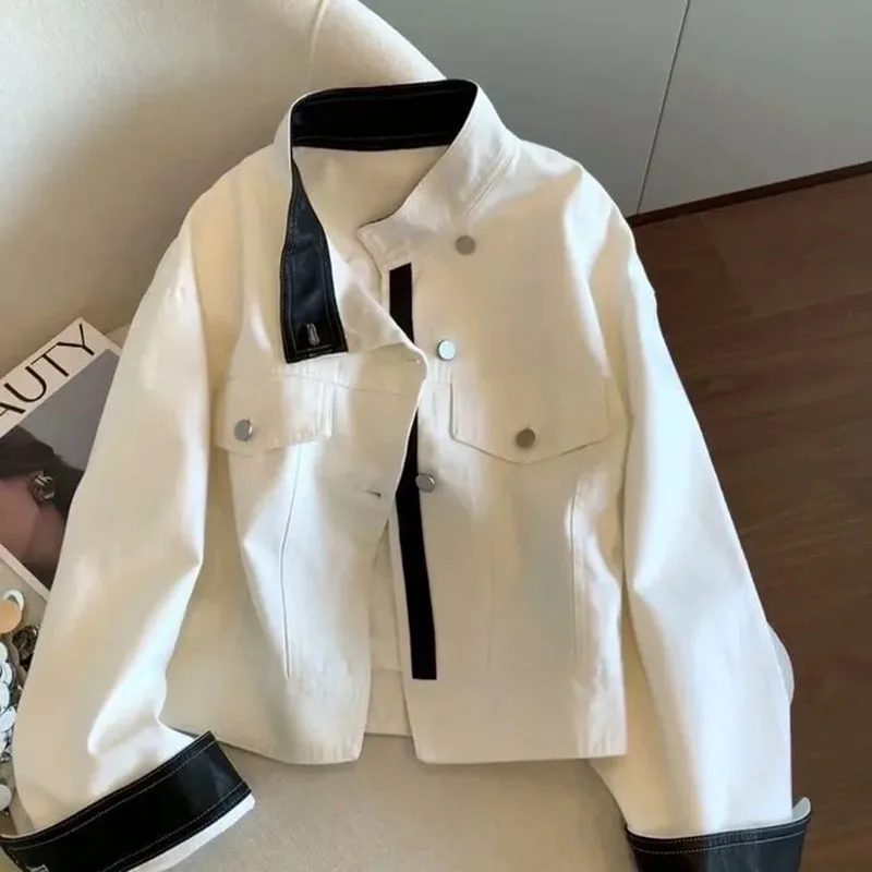 

Американская ретро контрастного цвета куртка с воротником-стойкой женская весенне-осенняя новая свободная универсальная темпераментная повседневная женская куртка