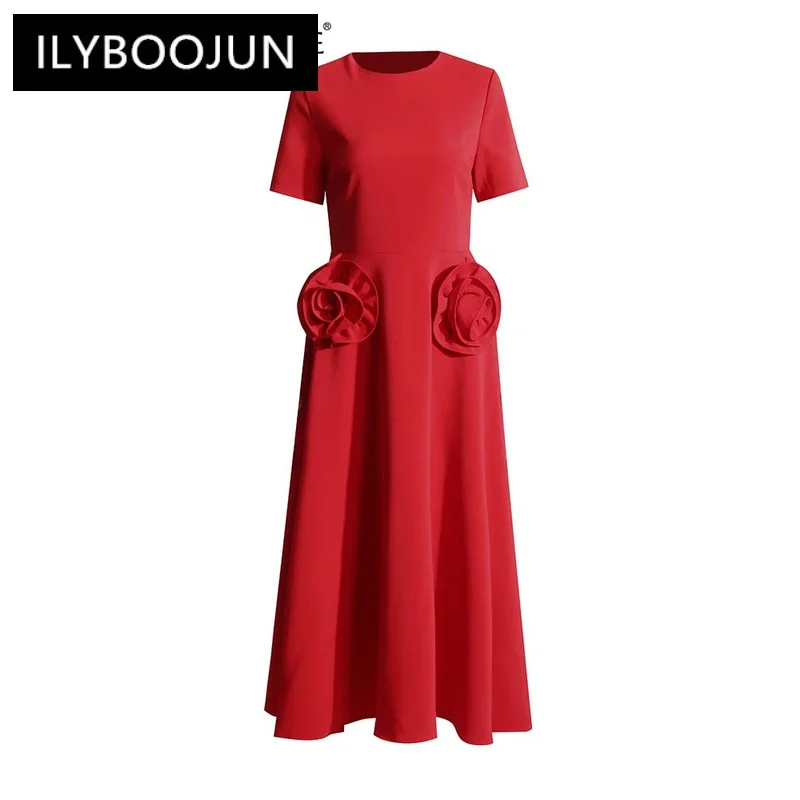 

ILYBOOJUN Solid Patchwork Appliques A Line Dress For Women Round Neck Short Sleeve High Waist Elegant Dresses Female Fashion