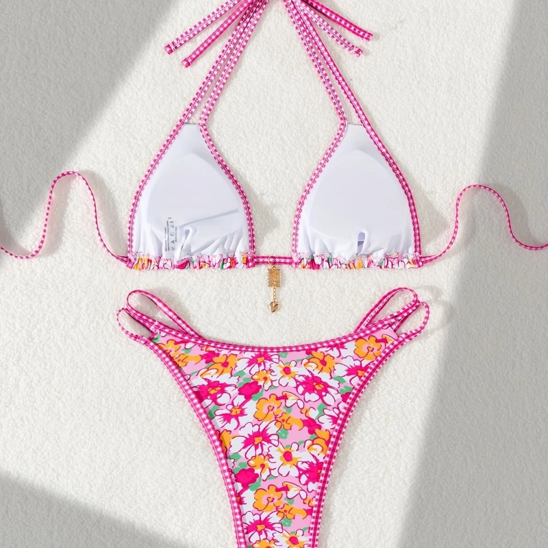 Biquíni floral com estampa rosa sexy férias maiô de duas peças