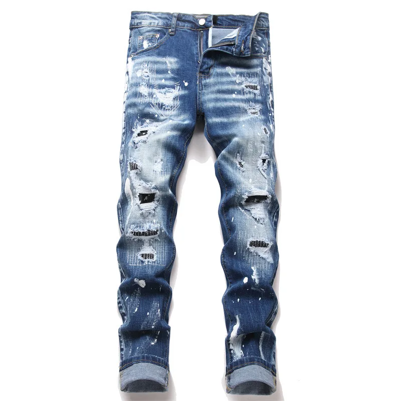 New punk men's jeans with nail beads, multiple holes, patchwork, beggar style, men's fashion, street personality, small straight