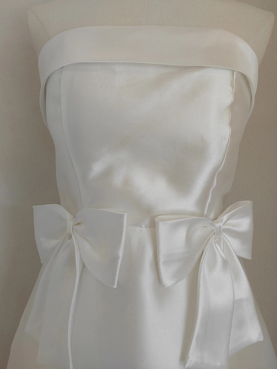 Reddachic brilhante branco feminino vestido de noite sólido cetim texturizado arco sem alças espartilho split maxi vestido longo elegante roupas formais