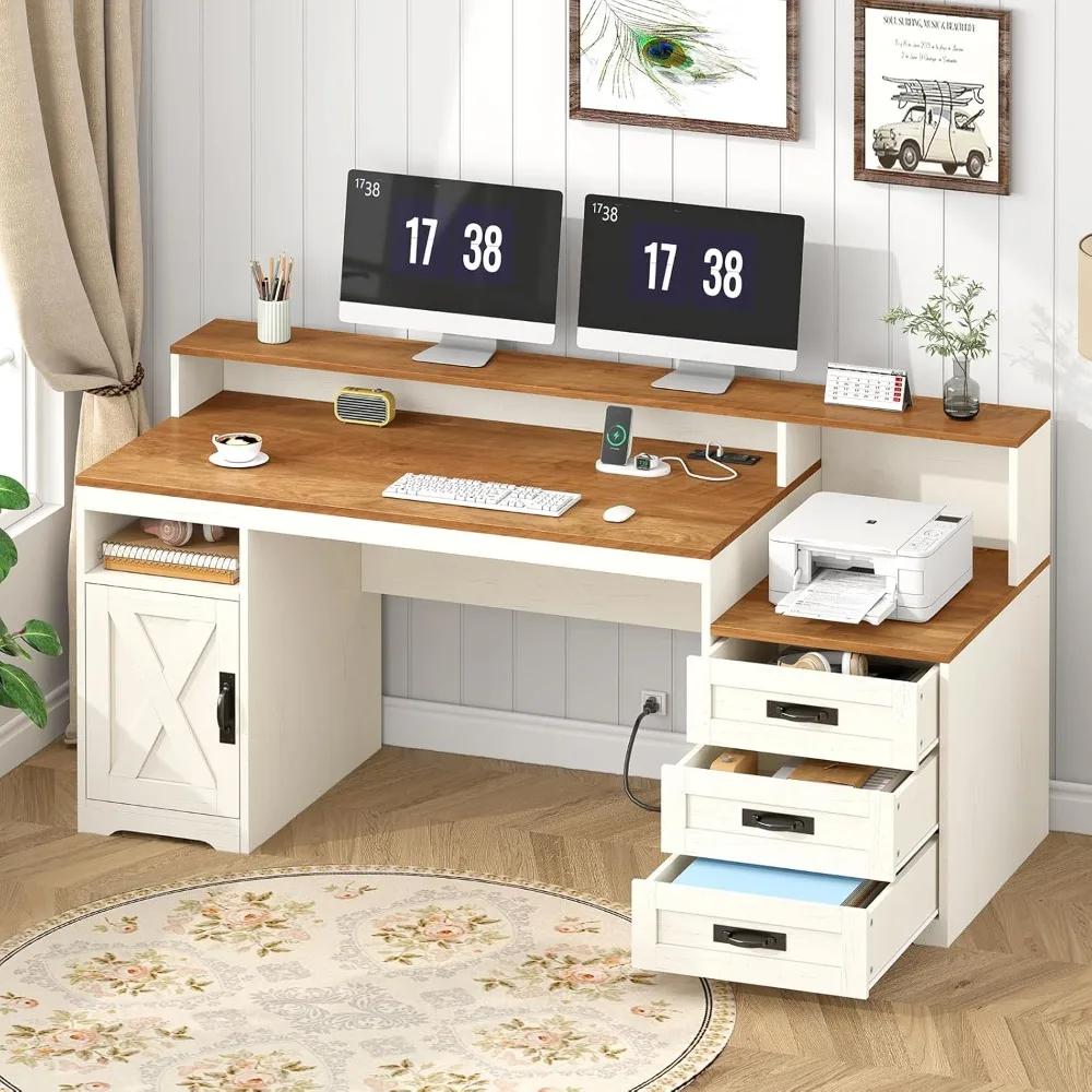 

Farmhouse Computer Desk with Drawers, 65'' Home Office Desk with Power Outlets, Storage Cabinet and Printer Stand,