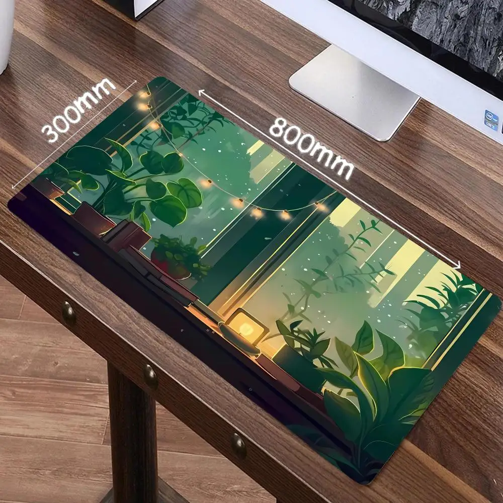 Forest Night View Gaming Mouse Pad Green Plant Illustration Desk Mat Non-slip Keyboard Pad for Aesthetic Gamer