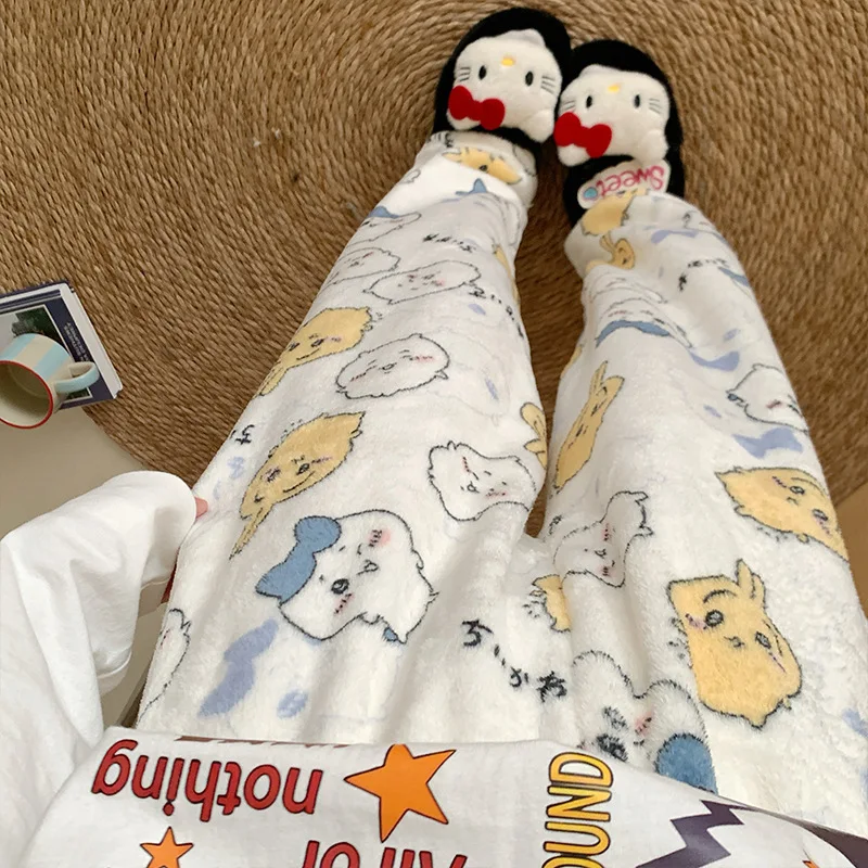 Плюшевые спальные штаны с рисунком Chiikawa для женщин, зимние фланелевые брюки Hachiware в стиле аниме, модные студенческие теплые домашние пижамные штаны