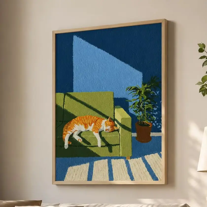 Sleeping Orange Cat Print, Sunbeam Wall Art,Canvas Wall Print,High‑Grade Home Decoration Artwork for Bedroom,Living Room,Office