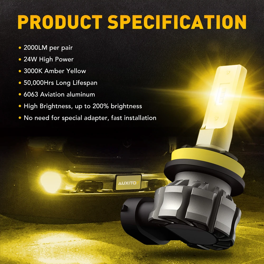 2Pcs AUXITO Fog LED H8 H9 H11 H10 H16JP 5202 880 H27W/1 White/Yellow Amber Canbus Fog Lights DRL 48W High Power 12V 2000LM CSP