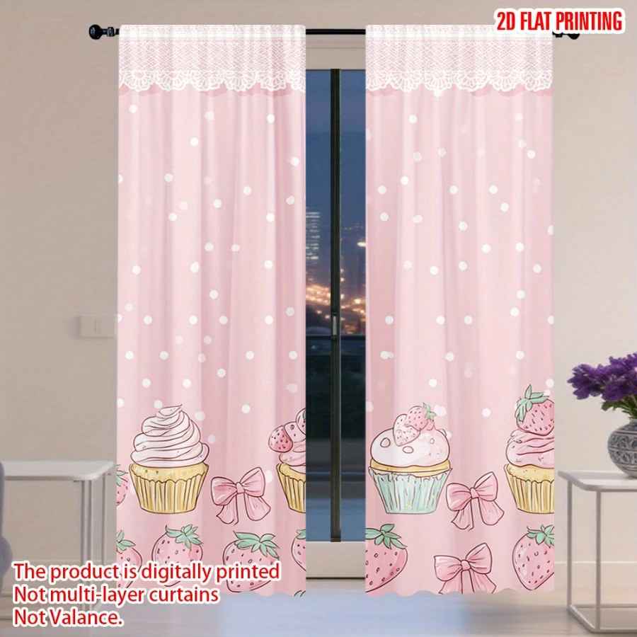 Digital Printed Curtains with Strawberry Cake Design, Stylish Window Drapes for Living Room Bedroom Home Decoration