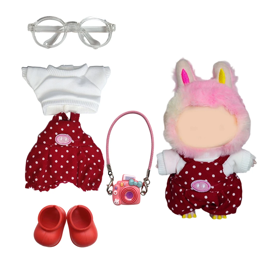 

17cm Labubu Clothes Red Polka Dot Overalls White Sweater Outfit for Labubu V1 V2 Plush Doll Kawaii DIY Kid Gift Fashion Dress