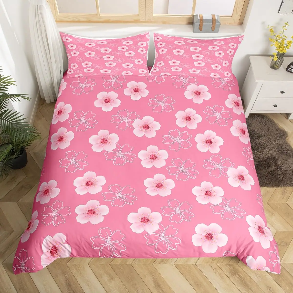 Parure De Lit 3 Pièces Motif Fleurs Cerisier Japonais - Housse De Couette Microfibre Douce