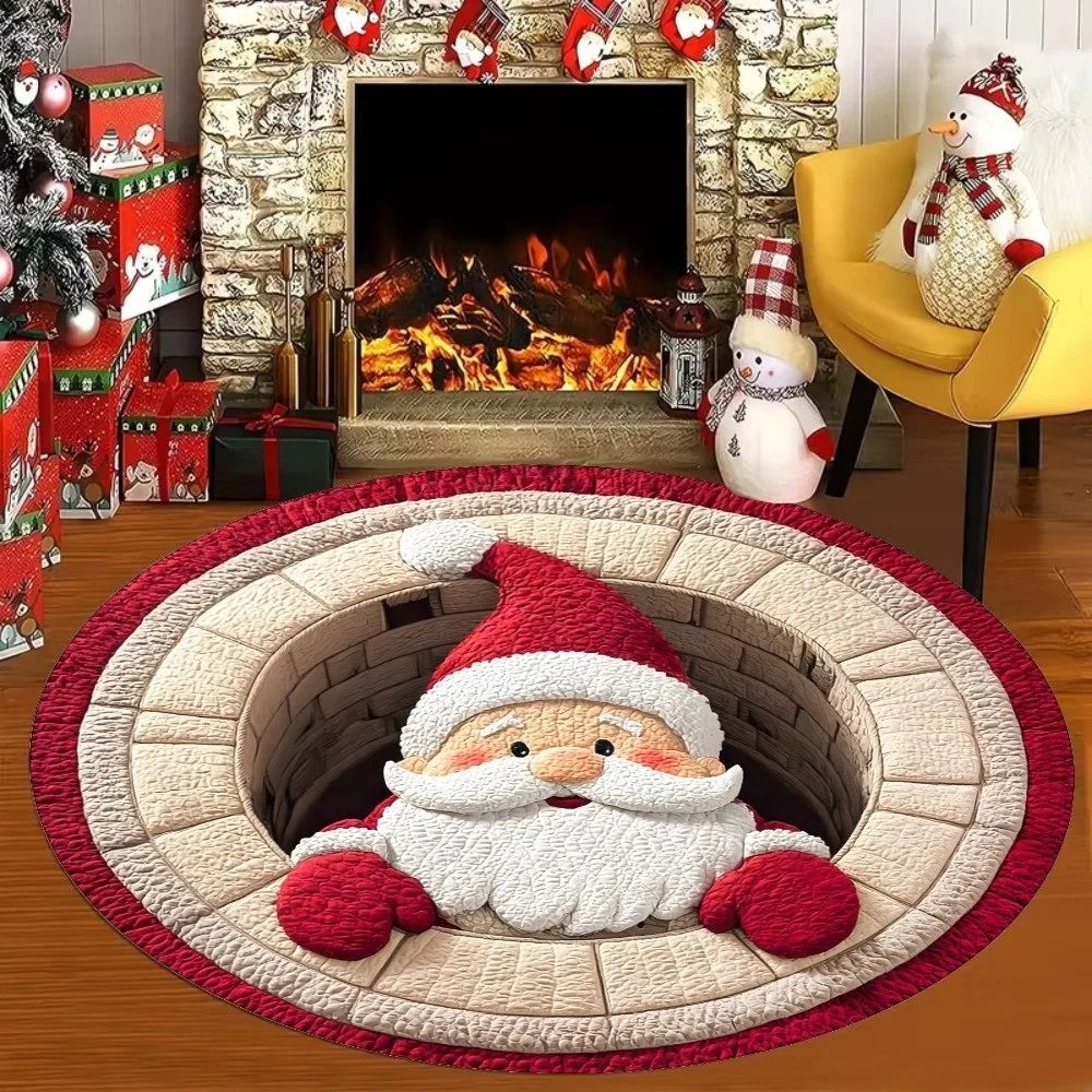 80cm 31.5in 3D Illusion Rug Santa Claus Non-Slip Round Vortex Carpet Floor Mat 2D Flat Printed Christmas Doormat Living Room