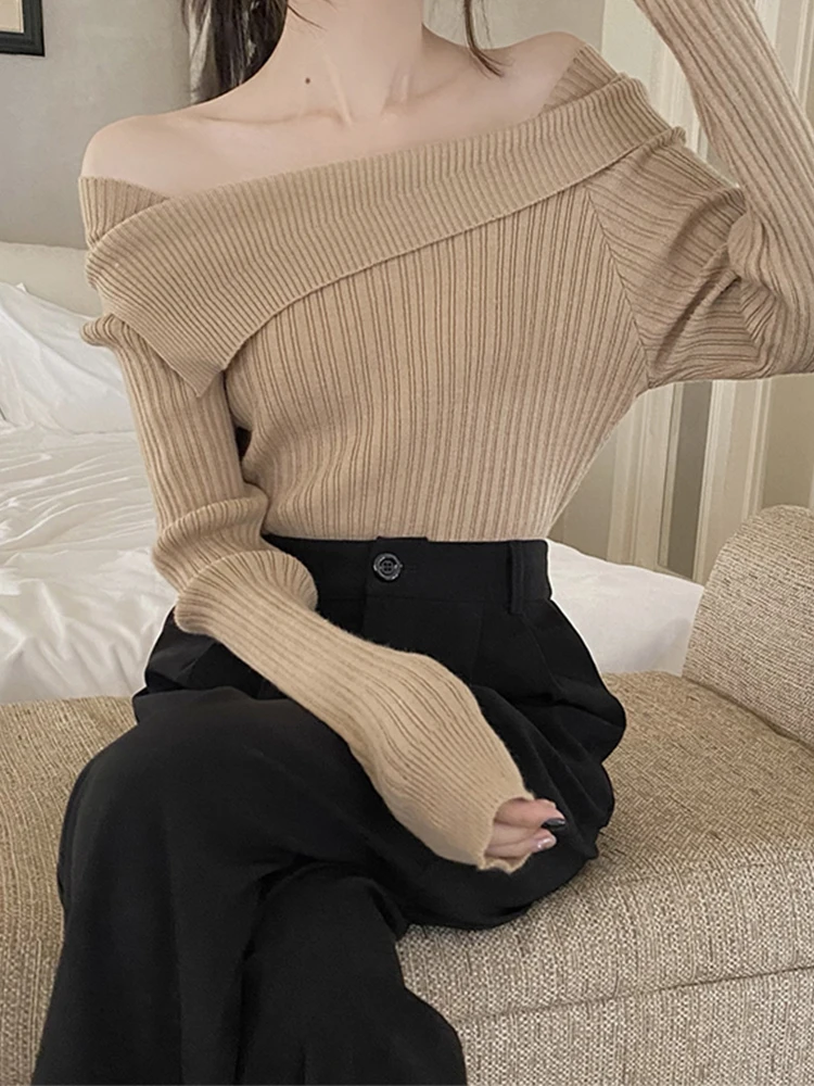 Damski szary sweter Vintage sweter z dzianiny Y2k 90s estetyczny Harajuku eleganckie swetry z długimi rękawami moda 2000s ubrania jesień