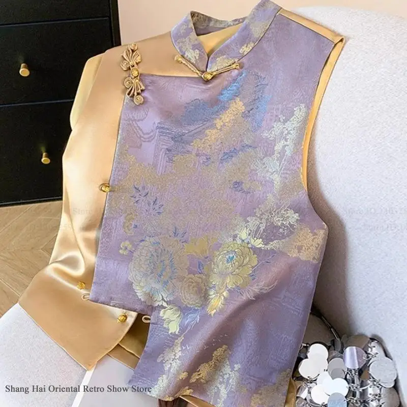 New Chinese Style Women Purple Gold Brocade Waistcoat Satin Asymmetric Hem Stand Collar Metal Frog Fastener Sleeveless Vest
