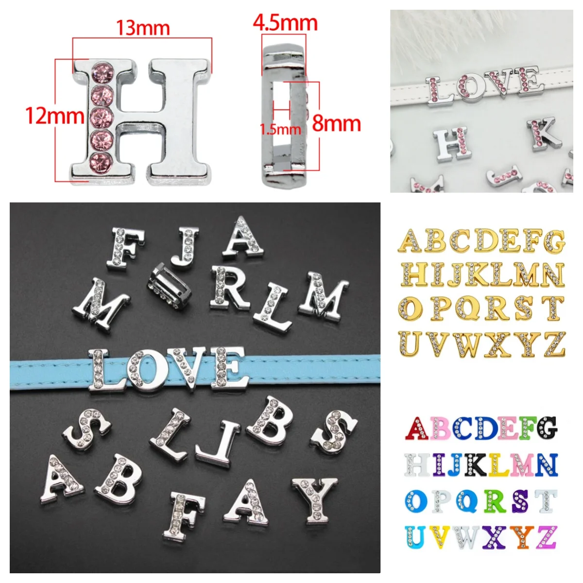 50PC/lot Hole 8MM Slide Letter DIY Slide Charm Half Crystal Alphabet Fit For 8MM Keychains Wristband Jewelrys