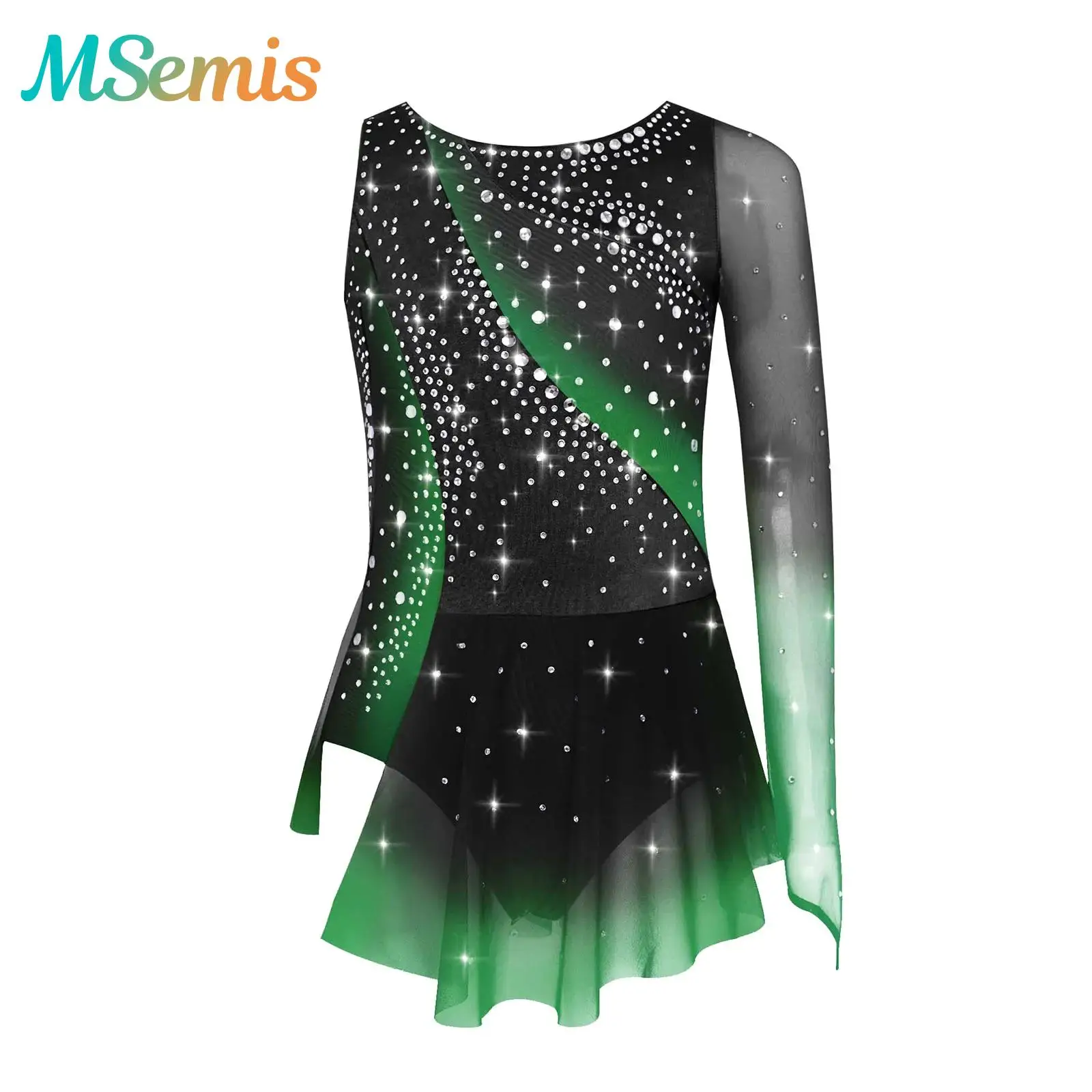 

Kids Girls Shiny Rhinestones Rhythmic Gymnastics Figure Skating Ballet Jersey Lyrical Dance Leotard Costume Split Skirted Dress