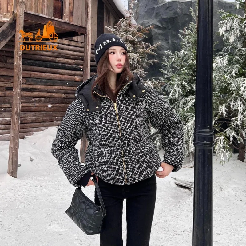 2024 Winter New Coat for Women,snowflake Woven Down Jacket with Hood Short Wool Tweed Warm Top Fashionable Thick Jacket for Work