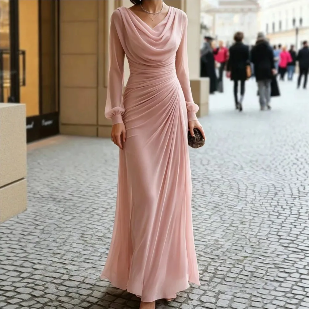 Elegantes Damen-Maxikleid mit Raffung, schmal geschnitten, Herbst-Winter-Mode, rosa, Swing-Kragen, lange Ärmel, lässiges Partykleid, plissiert, langes Kleid, Robe.