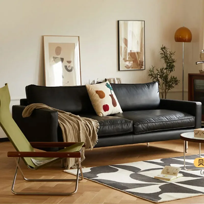 

Black first-layer leather sofa double small apartment living room Nordic complex