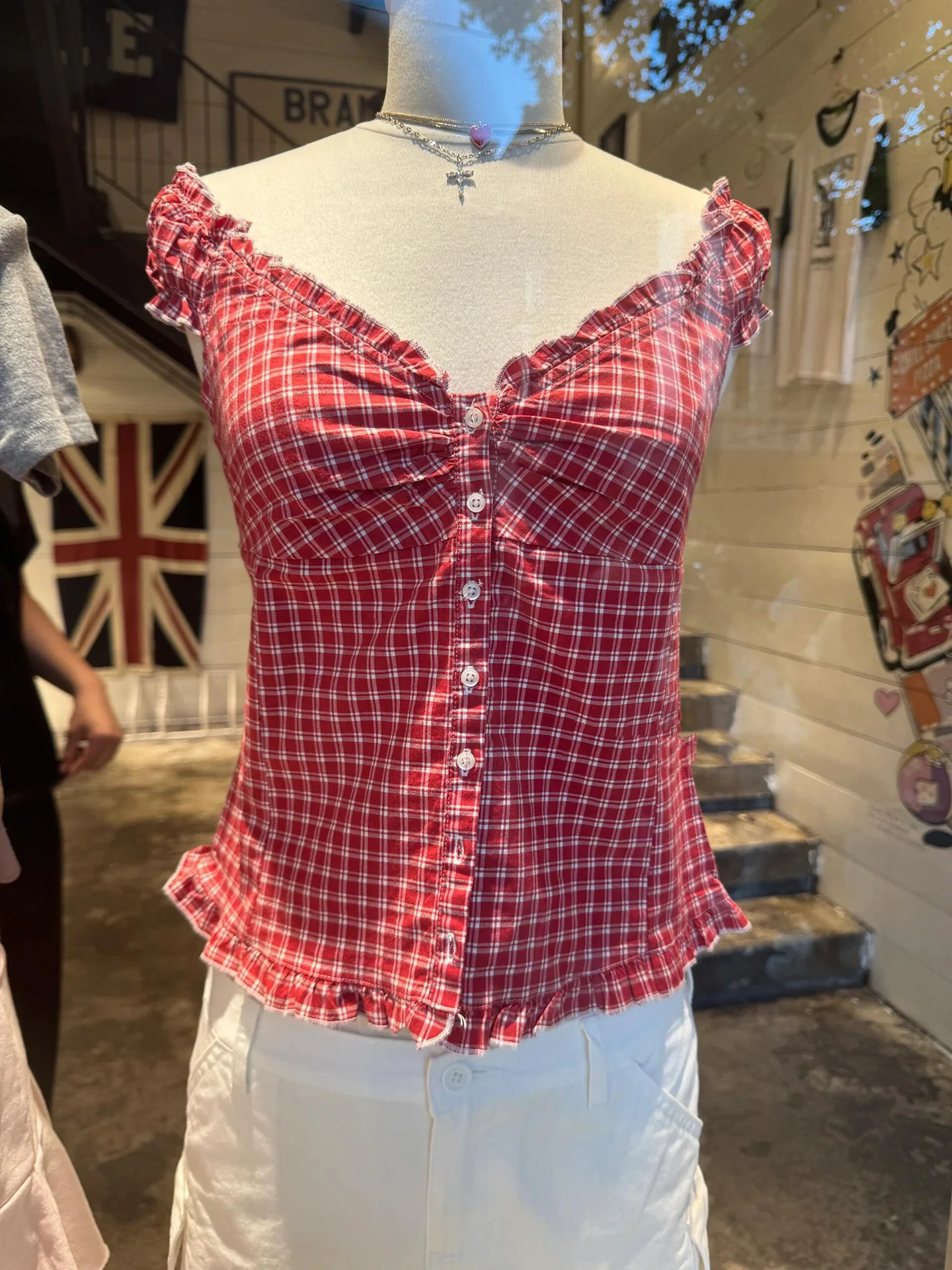 

New Red Plaid Vintage T-shirt Blouse Women Ruffle V-neck Single Breasted Slim Tees Summer Casual Sweet Cotton Puff Sleeve Shirts
