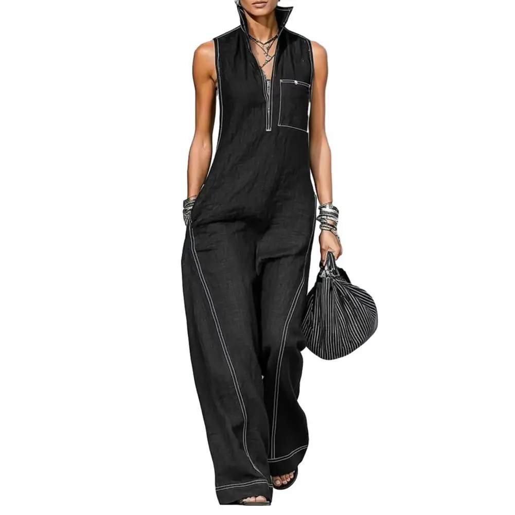 Women Sleeveless Jumpsuit Casual Long Pants Rompers with Pockets Summer Zip Up Stand Collar One Piece Overalls 1pcs