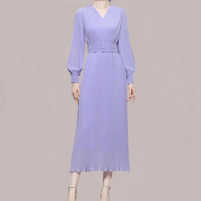 Elegant Dresses for Women Autumn Winter New Temperament French Purple Lantern Sleeves Waist Slim Pleated Chiffon Purple Fashion