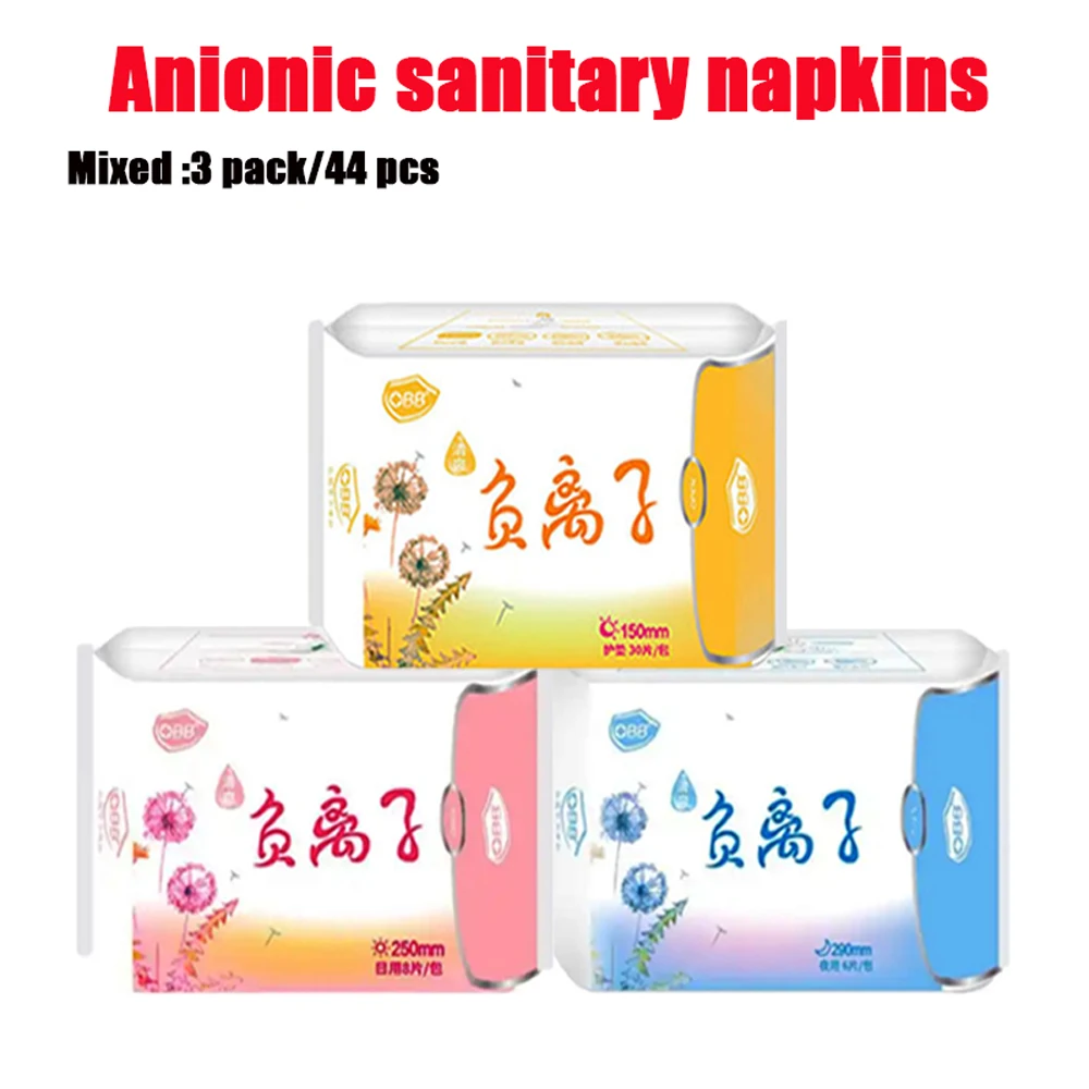 

44 pcs/3pack Women Menstrual Anionic Sanitary Napkins, leak proof Breathable cotton soft, Negative ion Sanitary Napkins Products