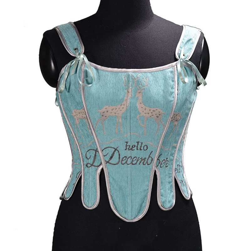 Silver Deer Print Embroidery Overbust Corset Top Cami Streetwear Blue Antique Corset Spring Autumn Winter Corset