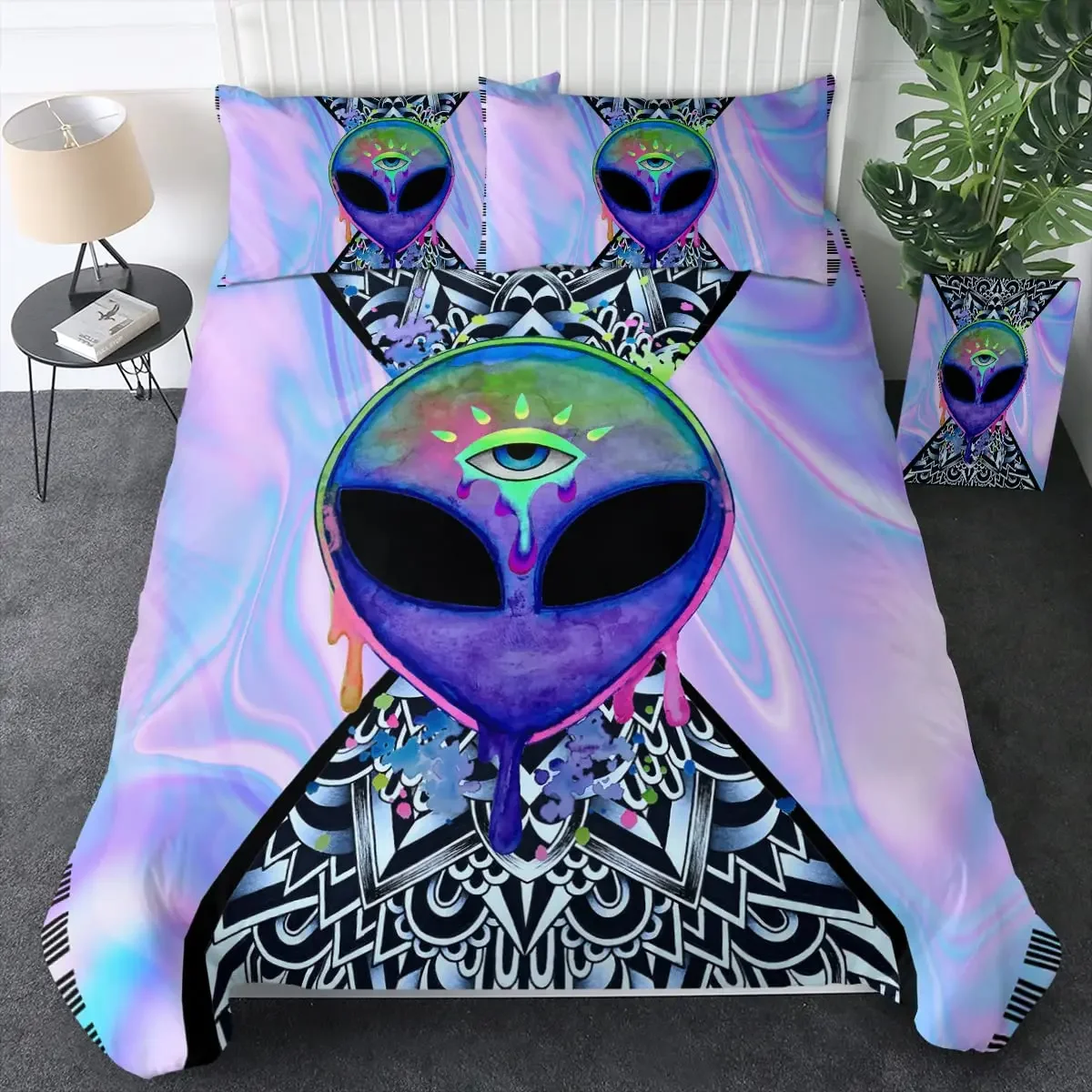 Trippy Alien Duvet Cover Set Queen Alien Skull Bedding Set Psychedelic Space Watercolor Colorful Queen Size Bedspread Alien Gift
