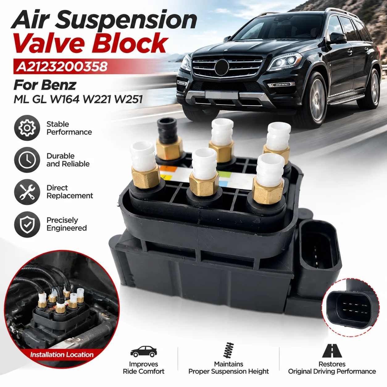 Blocco valvole per sospensioni pneumatiche per Mercedes-Benz W164 W166 W221 W251 ML GL Classe R Unità di controllo solenoide OE A2123200358 A2513200358 Ricambi