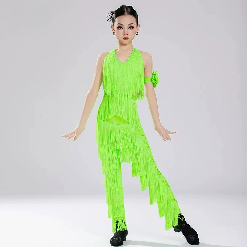 Fluorescent Green Full Fringed Tops Pant Dance Suit Girl Chacha Tango Samba Latin Dance Costumes Kids Performance Daning Wear