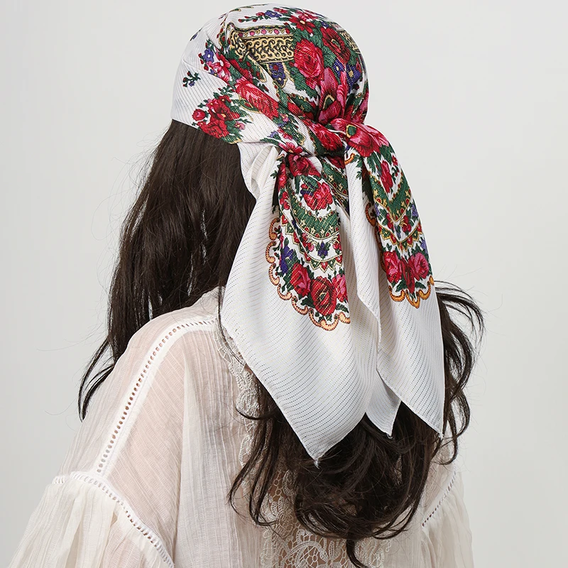 

80*80cm Square Fashion Scarf Women Floral Print Cotton Bandanas Lady Scarves Headband Accessories Handkerchief Shining HIjab