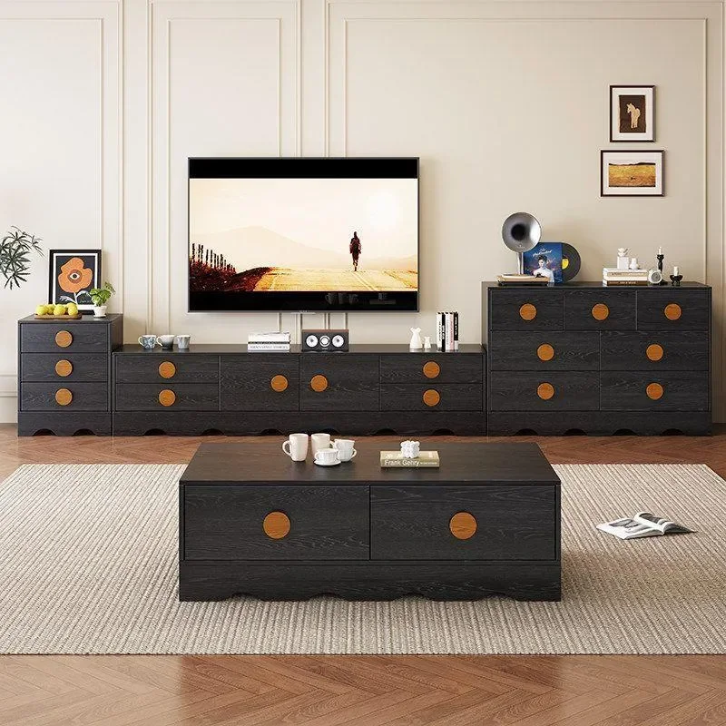 French Retro Solid Wood TV Stand Coffee Table Combo Living Room Storage Cabinet Small Side Unit Medieval Style Furniture