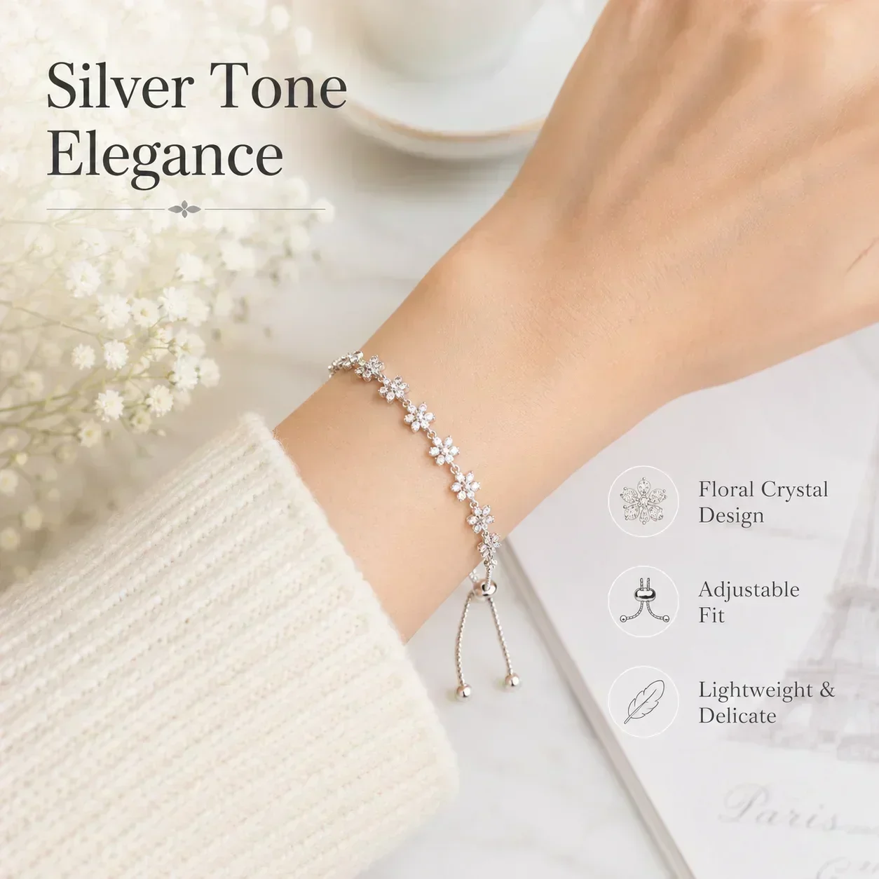 French Floral Crystal Chain Bracelet, Romantic Flower Jewelry for Women Girls