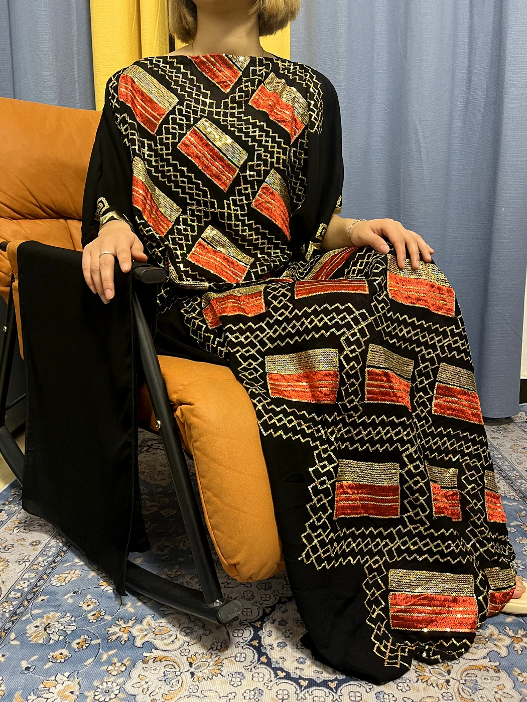 Abayas-vestidos negros de tul con lentejuelas para mujer, vestidos sueltos africanos de red con cuello redondo, Islam musulmán, Jilbab, caftán marroquí con Hijab