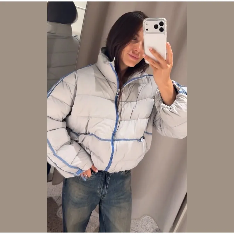 Modische Damen Creme Glänzende Pufferjacke 2026 Winter Abnehmbare Kapuze Reißverschluss Taillengürtel Gesteppte Flauschige Gemütliche Winterjacke – Detail 6