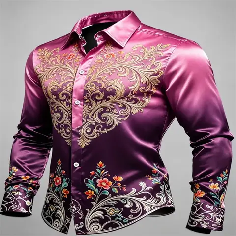 Fashion Men Glossy Silk Satin Shirt Vintage Baroque Flower Pattern Print Long Sleeve Button Up Shirt Banquet Nightclub Male Tops