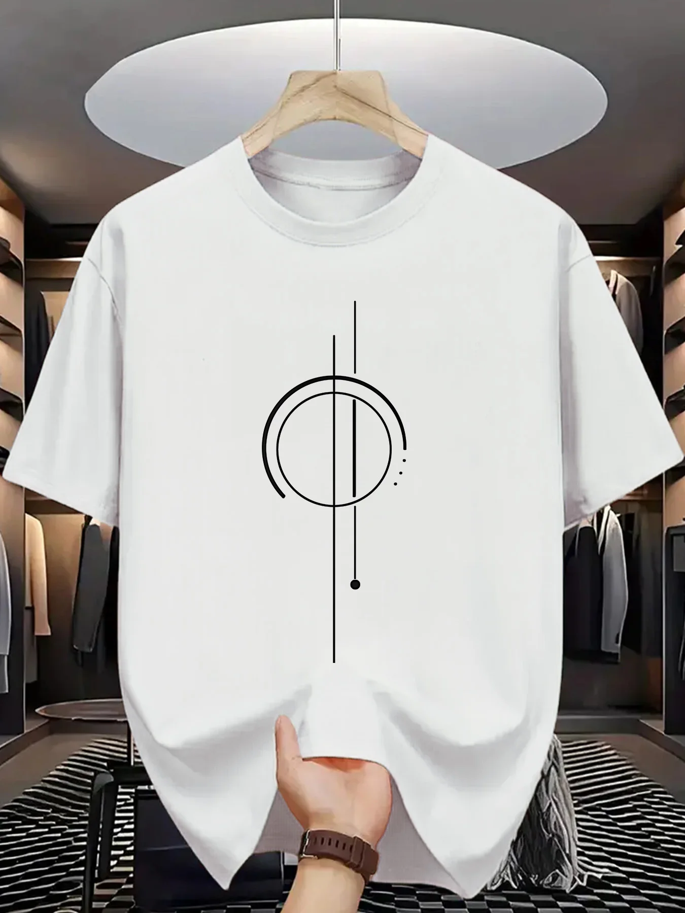 Summer men's 100% pure cotton casual loose geometric pattern printed comfortable sports round neck short sleeved T-shirt top