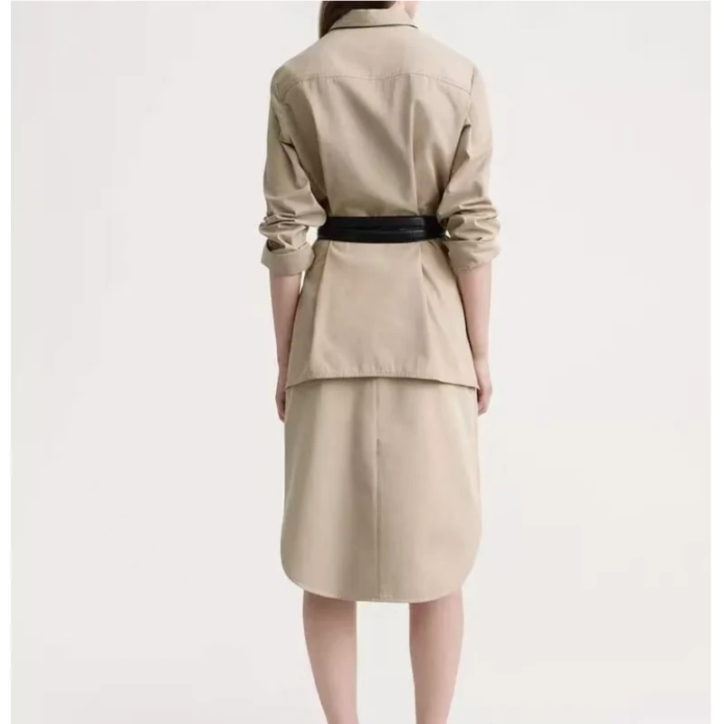 Nordic Herbst neues einfaches lockeres dunkelbeiges Baumwollhemd mit halboffenem Kragen und aufgesetzter Tasche und langen Ärmeln