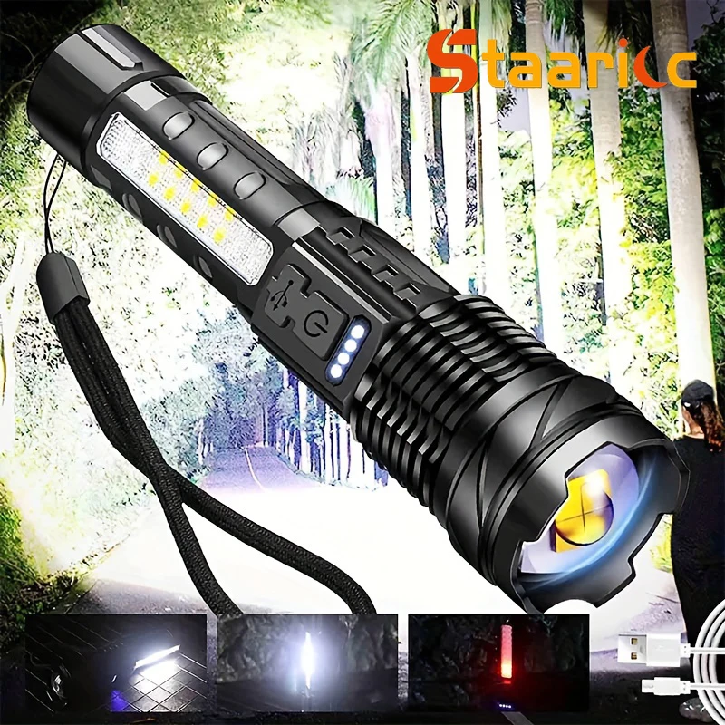 Portable Rechargeable LED Flashlight with Pen Clip Zoomable Waterproof Torch with Side Light Outdoor Camping Emergency Lantern