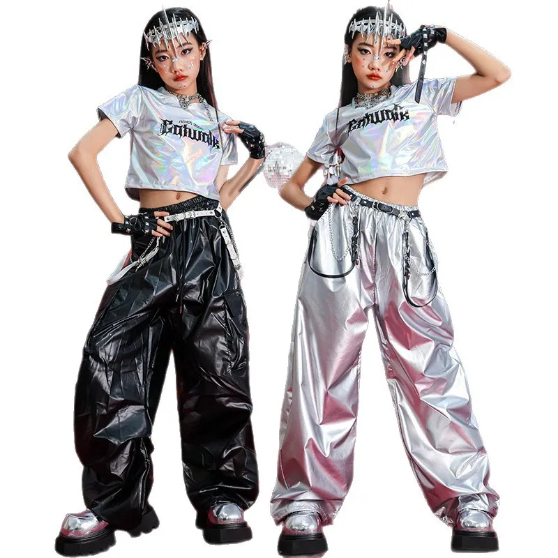 

2026 Girls Jazz Dance Costume Silver Navel Tops Leather Pants Hip Hop Competition Clothing Kpop Kids Suit Stage Outfits