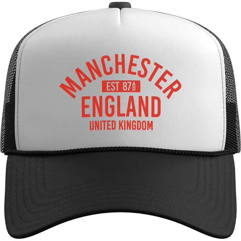 Manchester England United Kingdom Est. 87AD Red Trucker Hat With Adjustable Mesh Back
