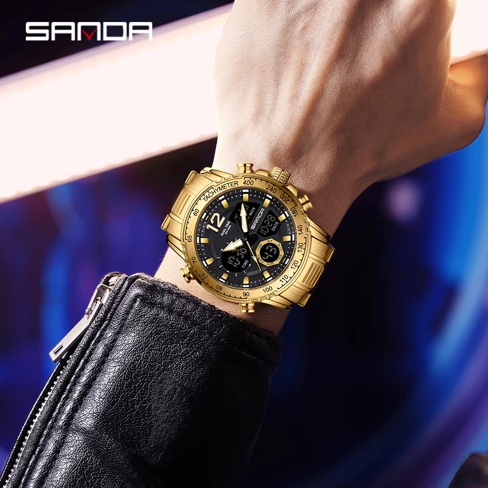 SANDA 6193 G Black Sports Date Military Watches 5bar Waterproof Stainless Steel Electronic Wristwatch Men's Digital Watch view 5