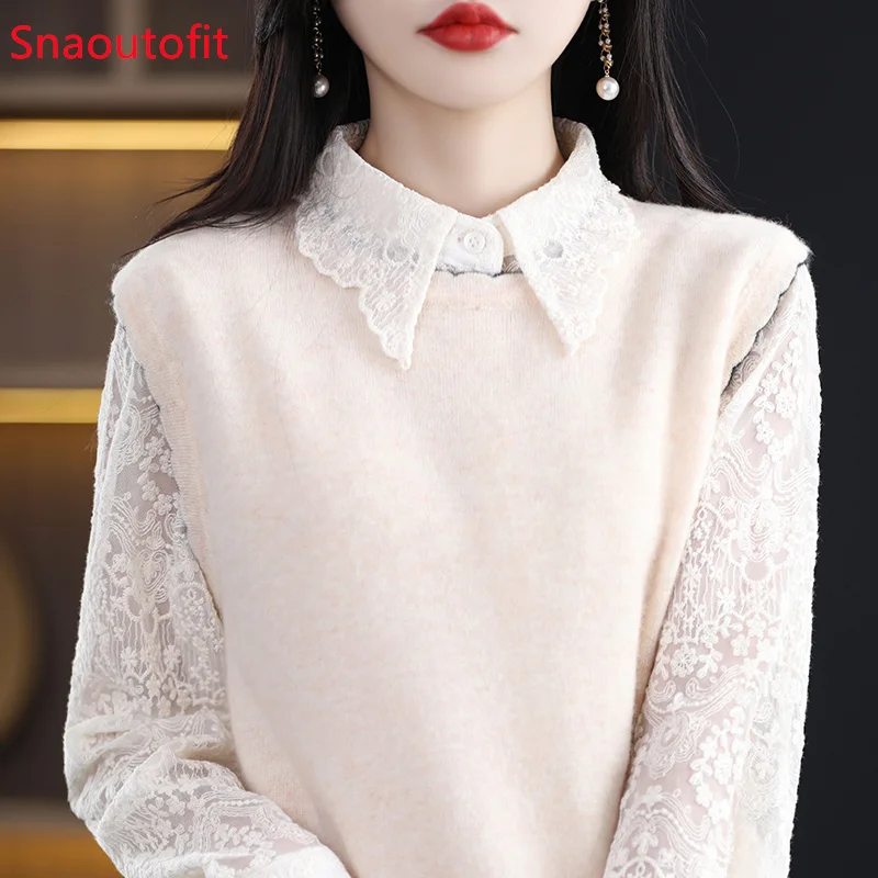 Lacework Round Neck Pure Wool Knitted Vest Women\'s Sleeveless Pullover Cashmere Sweater 2023 Spring and Autumn Loose Overlay Top