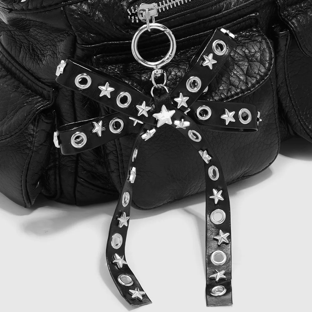 Creative Star Rivet Bow Keychain PU Leather Punk Cross Pendant Leopard Print Ribbon Y2K Keyring Backpack Decor